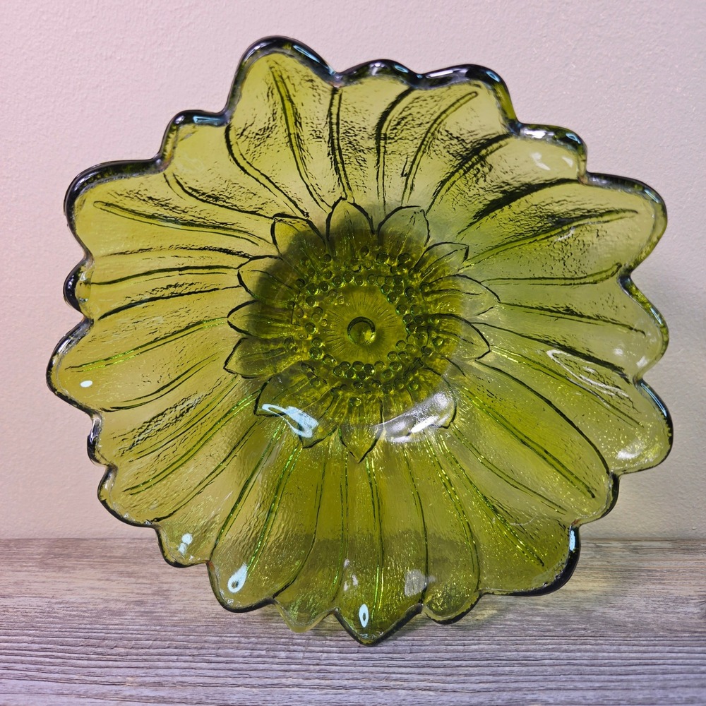 Vintage Olive Green Sunflower Glass Bowl Floral Serving Bowl 9 Inch Retro MCM